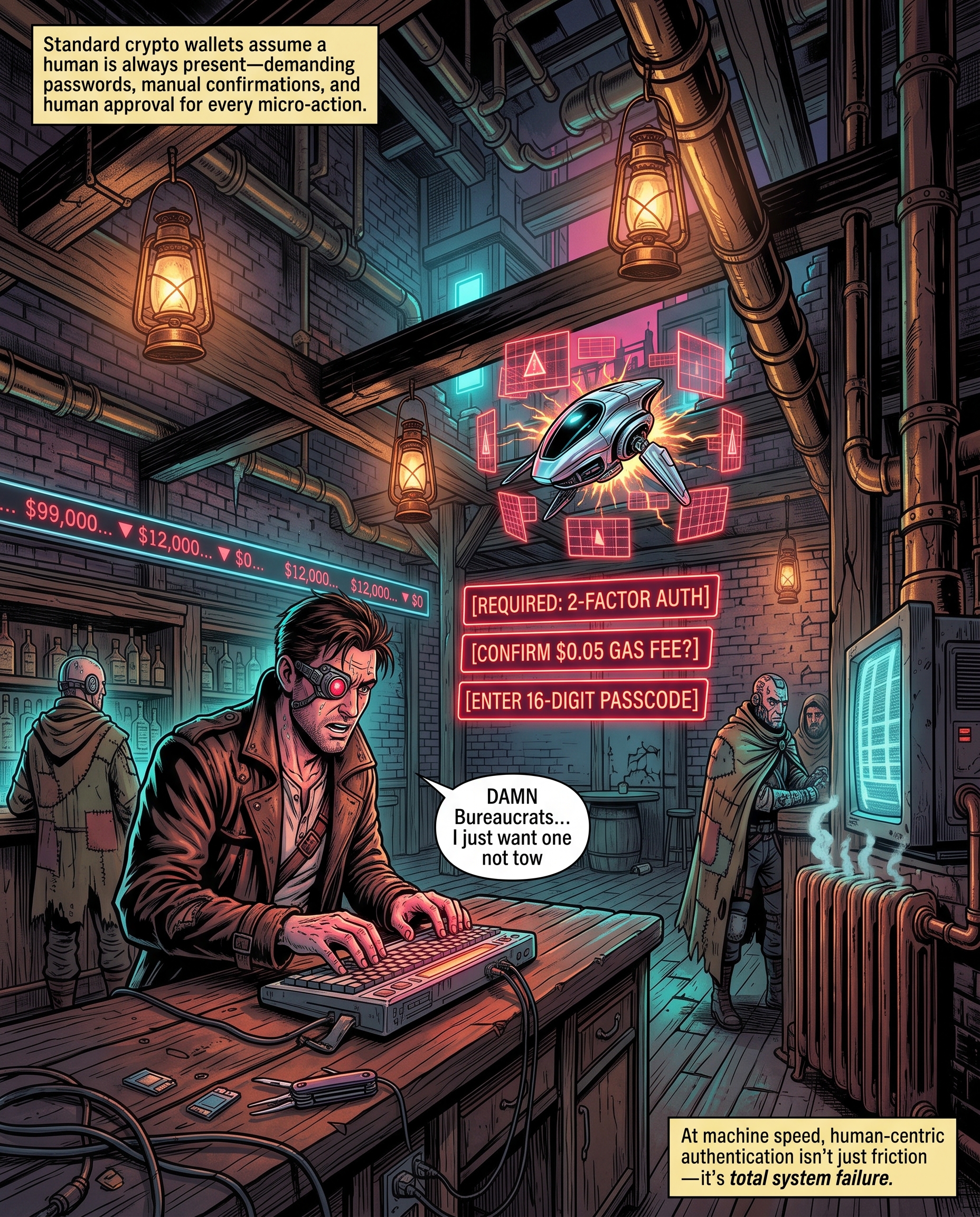 Comic panel: a character buried in authentication prompts while a drone patrols overhead